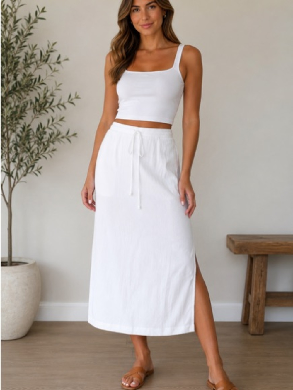 White Drawstring Maxi Skirt with Side Slit